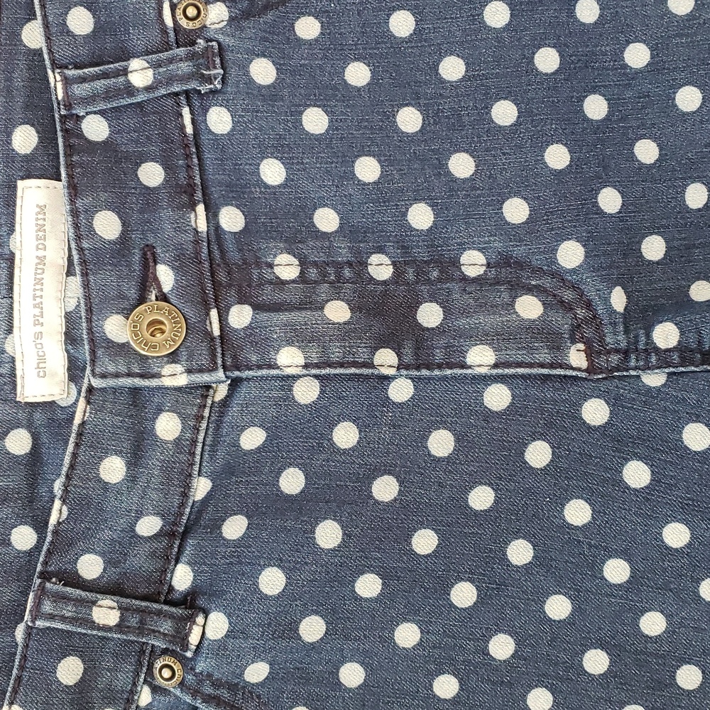 CHICO’S Platinum Blue White Polka Dot Cropped Stretch Denim Jeans Size 0.5 S 6 - Picture 11 of 12